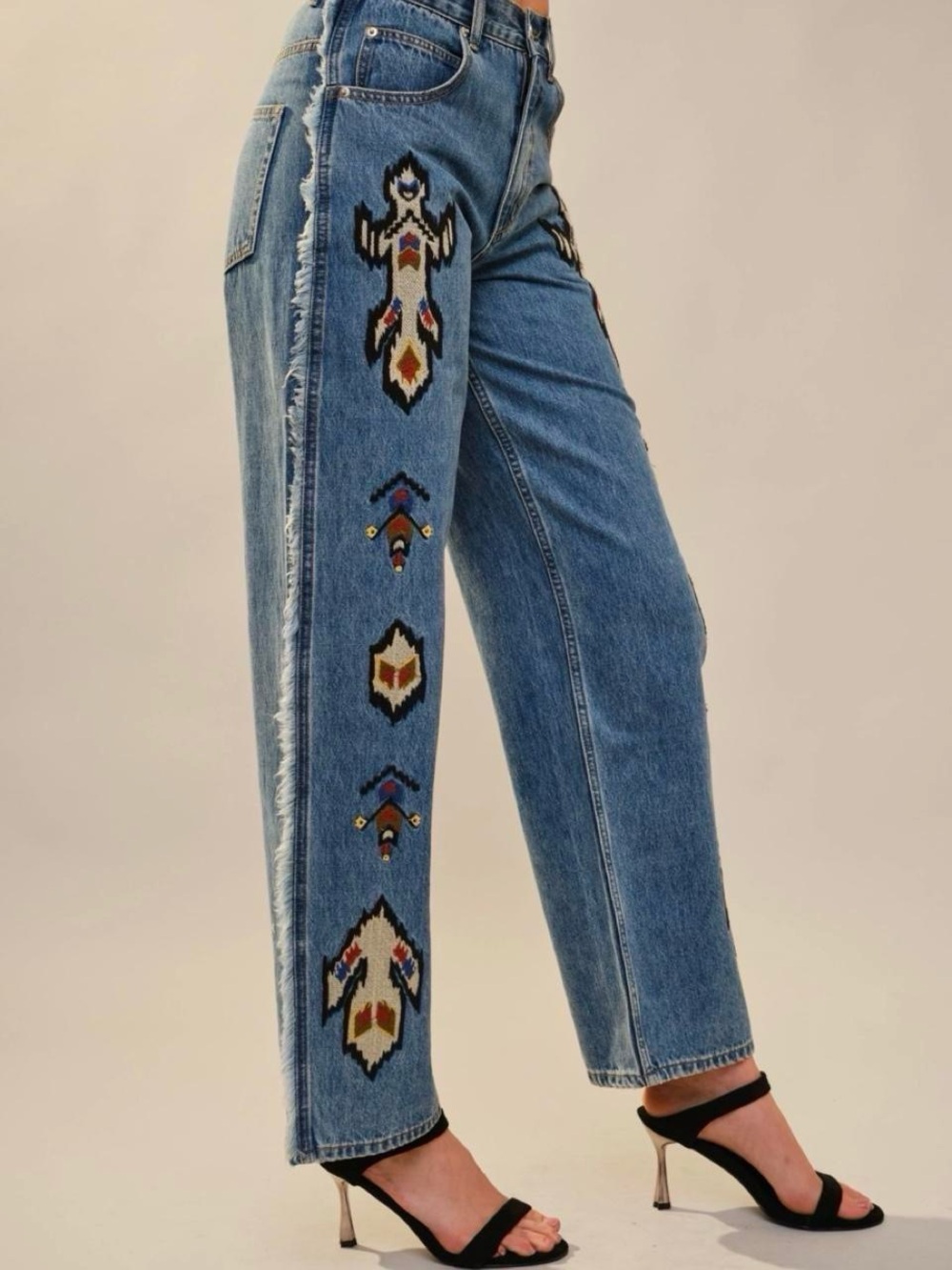 BlueB Tribal Embroidered Fringe Jeans L Aztec Western Ranch Cowgirl Southwestern